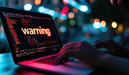Cybersecurity Warning Alert on Laptop Screen with Typing Hands - obrazy, fototapety, plakaty