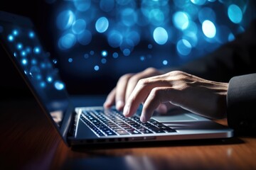 Obraz premium A person typing on a laptop on a wooden table.