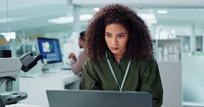 Woman. laptop and lab for research science or online internet for futuristic discovery, microscope or medicine. Female person, brainstorming and biotechnology for investigation, cure or development