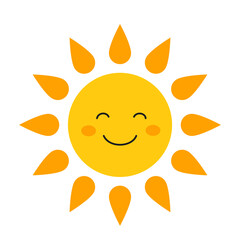 Cute cartoon sun with happy smiling face in simple kawaii doodle style isolated vector illustration in bright colors. Weather icon or logo clipart design element.