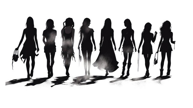 Black and white silhouettes of women walking in a row. They are holding various objects in their hands, such as a handbag and a microphone. The women are dressed in different clothes: some in short dr
