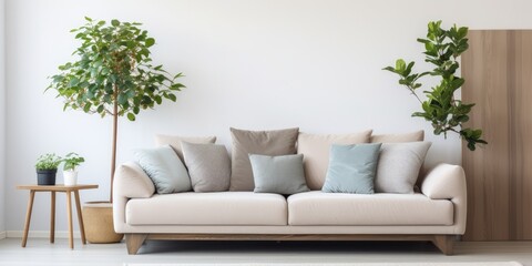 Fototapeta na wymiar Contemporary living room with cozy couch, light, and potted plant.