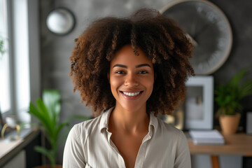 Employee of the Month wallpaper concept, Employee Appreciation Day portrait, Smiling woman close-up shot on minimalist interior background, Confident African woman with curly afro hair. - obrazy, fototapety, plakaty