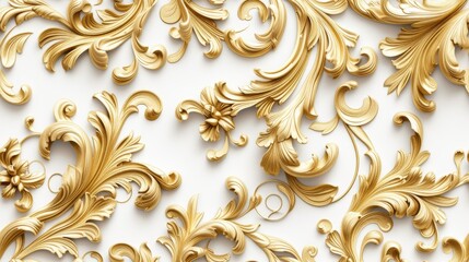 a rich golden baroque ornament delicately engraved on a pristine white background, showcasing the intricate details and lavish curves of the design to evoke a sense of opulence SEAMLESS PATTERN.