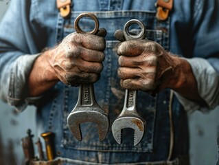 A man in overalls holding two wrenches. Generative AI.
