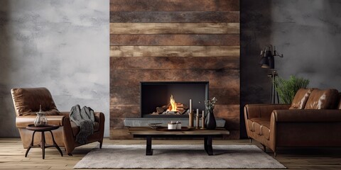 Fototapeta premium Minimalistic living room with a gas fireplace featuring a rustic wooden mantel and leather furniture.