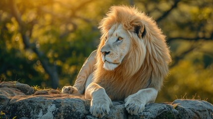 Obraz premium Sunlit Sovereignty: An Imposing White Lion with Golden-Maned Splendor, Commanding Presence in the Lush Masai Mara.