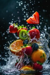 Vibrant fruits showcased with precise focus, heightened by water splashes.