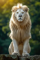 Obraz premium Regal White Lion in Masai Mara: Luxurious Cream Mane Under Sunlight, Majestically Perched on Jungle Outcrop.