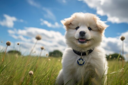A small white puppy sitting in a field of grass. Generative AI.