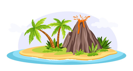 Tropical island scene. Volcano with palms and sand beach. Exotic coastline with lake. Paradse and hawaii. Poster or banner. Cartoon flat vector illustration isolated on white background