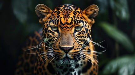 Fototapeta premium A Study in Wild Grace: Detailed Close-Up of a Javan Leopard, Golden Rosettes Shining, Set Against the Mysterious Depths of the Rainforest.