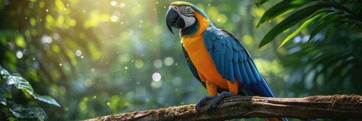 Nature's Palette: A Blue and Gold Macaw Perched in the Jungle, Its Striking Colors Set Off by Sunlit Foliage.