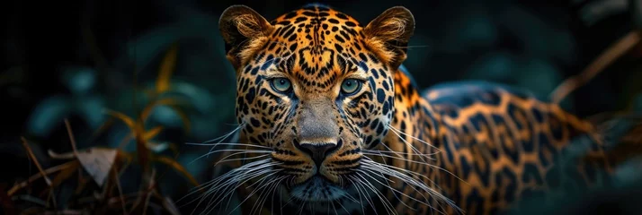 Fotobehang Javan Leopard's Gaze: Distinctive Rosettes on Golden Fur, Finely Detailed Whiskers Against a Dusky Rainforest Backdrop. © Landscape Planet