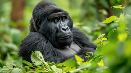 Obraz premium Profound Fur Details Amidst Lush Greenery, A Mountain Gorilla in Its Dense Forest Habitat.