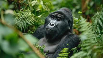 Naklejka premium The Quiet Majesty of the Forest: A Silverback Gorilla Sits Amidst Vibrant Greenery, Its Fur a Tapestry of Black and Gray.