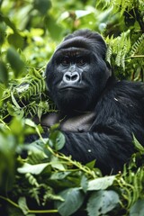 Fototapeta premium Detailed Portrait of a Contemplative Silverback Gorilla, Enveloped by the Dense Foliage of Its Forest Home.