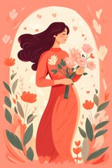Women's Day celebration: Hand-drawn postcard with delicate flowers and a cute girl in an illustration for March 8.