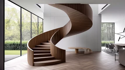 Deurstickers a spiral staircase crafted from polished wood, highlighting its seamless integration into modern interior design. © lililia