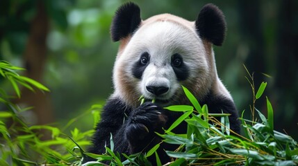 Peaceful Bamboo Banquet: A Giant Panda Holds a Shoot Amidst Thick Greenery, Its Black and White Fur in Stark Contrast.