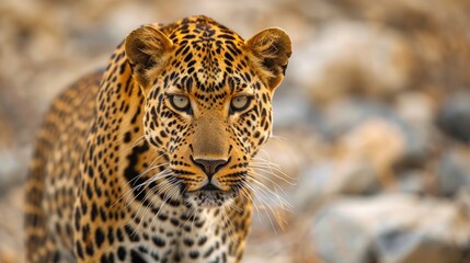 Fototapeta premium Intense Gaze in the Wild: Close-Up of an Indian Leopard with Spotted Fur, Set Against Rocky Terrain and Sparse Vegetation.