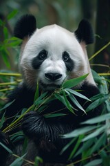 Fototapeta premium Tranquil Bamboo Munching: A Giant Panda Enjoys Its Meal, Surrounded by Lush Greenery, Showcasing Its Iconic Fur Pattern.
