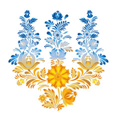 Floral pattern of yellow blue flowers in the form of  coat of arms of Ukraine in the style of painting Petrykivka. Vector illustration of the historic artistic traditions in the national style.