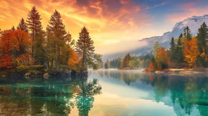 Schilderijen op glas Beautiful autumn sunrise scene with trees . © Insight