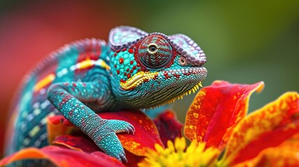 Obraz premium Chameleon's Gaze: A Striking Close-Up with Vibrant Skin Against a Colorful Floral Backdrop, Eye Locked with the Viewer.