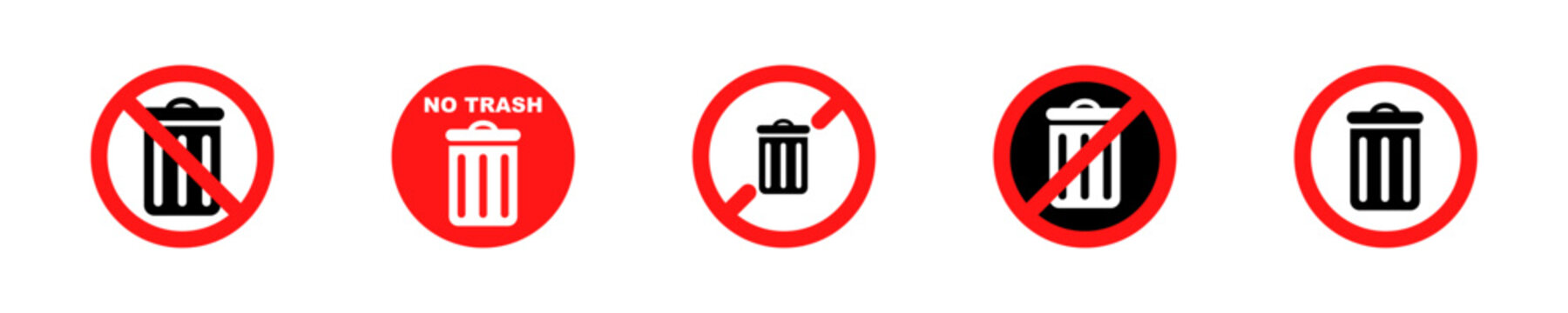 No trash vector icons set. Ban garbage, throw and waste. Forbidden signs with no rubbish.