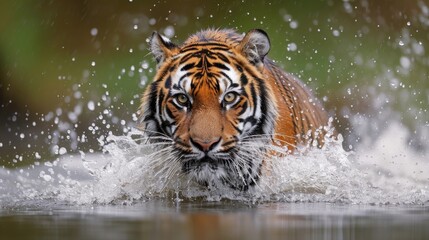 Obraz premium Majestic Tiger's Aquatic Dance: Intense Gaze Amidst Splashes, Showcasing Strength and Grace in Every Wet Fur Detail.
