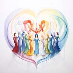 A soulful abstraction: several women, hand in hand, create a circle in the shape of a heart, depicting unity and strength.