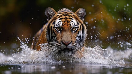 Obraz premium Force of Nature: A Tiger Charging Through Water, Its Coat Glistening, Eyes Locked in Concentration, Ripples Marking Its Path.