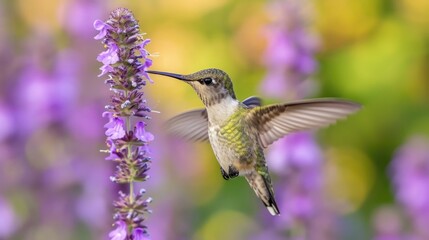 Naklejka premium Iridescent Flight: Hummingbird's Green Feathers Against Purple Flowers, Wings in Motion Blurred Against a Soft Bokeh.