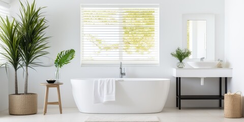 Fototapeta na wymiar White bathroom with bathtub, sink, mirror, and window inside a house.