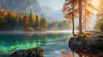 Fototapete Rund Beautiful autumn sunrise scene with trees . © Insight