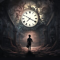 A figure stands at the threshold of a surreal corridor filled with clock gears and a grand illuminated clock, suggesting a journey through time.