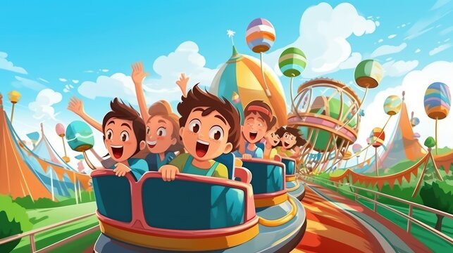 The captivating illustration captures the carousel as the star attraction in the children's amusement park, where kids revel in the sheer magic of the lively ride.