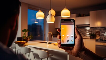 Person Holding Cell Phone in Kitchen Smarthome