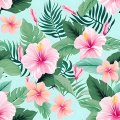 Plexiglas foto achterwand seamless aloha hawaiian print, 1990s fashion print, aloha shirt, [light pink and mint green] seamless pattern, some negative space, vector style, procreate style, pastel colorbook,. © marius