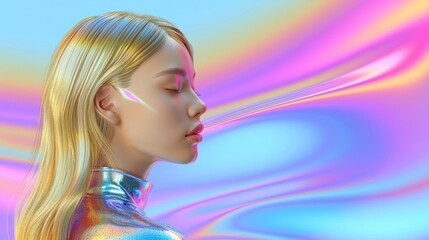 Portrait of a beautiful blonde girl in profile on Neon pastel background. Fancy 3D iridescent...