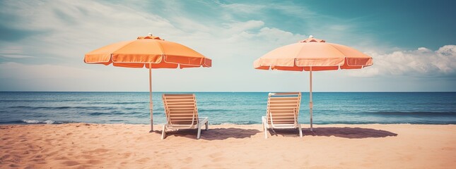 Two chairs and umbrellas on a beach near the ocean.