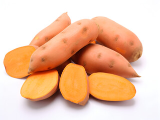 Raw sweet potato pile on white background 