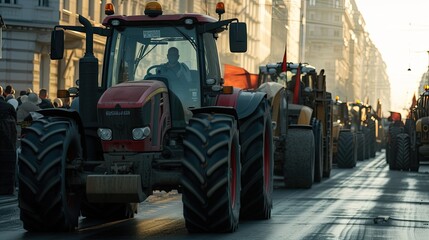 farmers gather in the city with their modern tractors during a strike, highlighting the clash of agricultural livelihoods against urban landscapes.