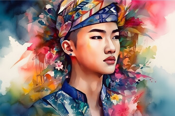 Watercolor Portrait of Man with Floral Background. Generative AI