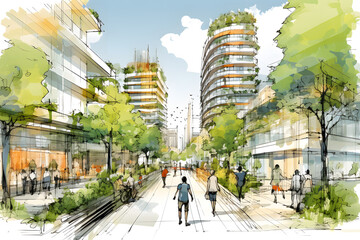 Urban Sketch of Modern Cityscape.