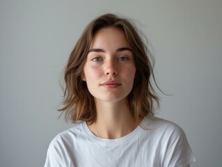 Fototapeta premium A woman in a white t - shirt looking at the camera. Generative AI.
