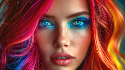 A woman with bright colored hair and blue eyes. Generative AI.
