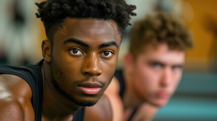 Two young men are looking at the camera in a gym. Generative AI.