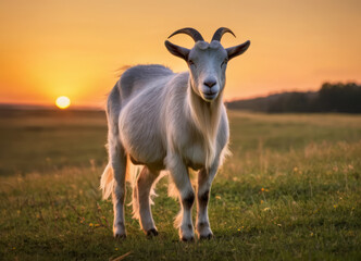 A goat stands in a field at sunset, during the golden hour.
